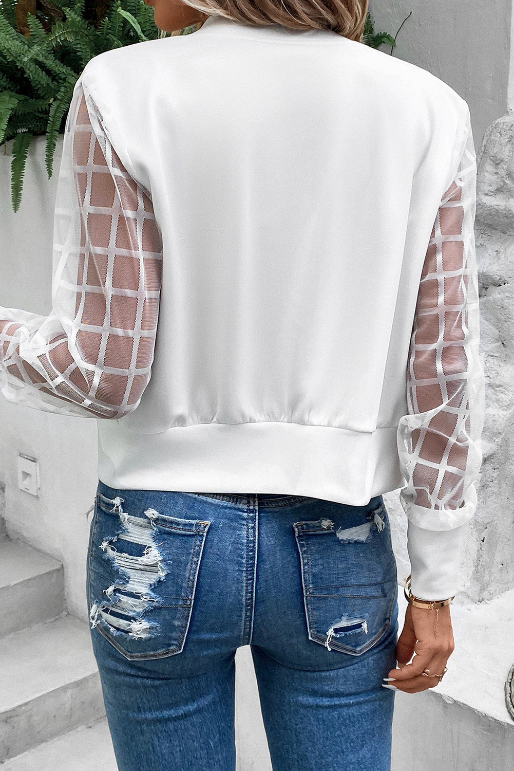 White Latticed Mesh Sleeve Zip Up Bomber Jacket SPLAZE