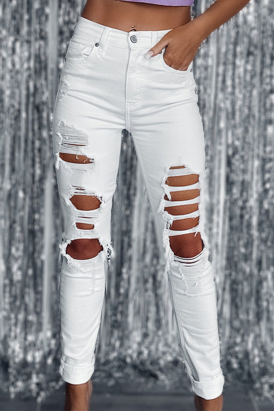 White Distressed Ripped Holes High Waist Skinny Jeans SPLAZE