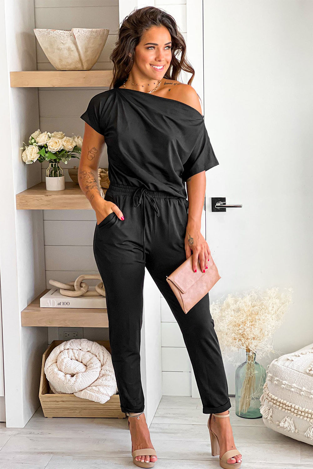 Tie Waist Short Sleeve Tapered Jumpsuit SPLAZE